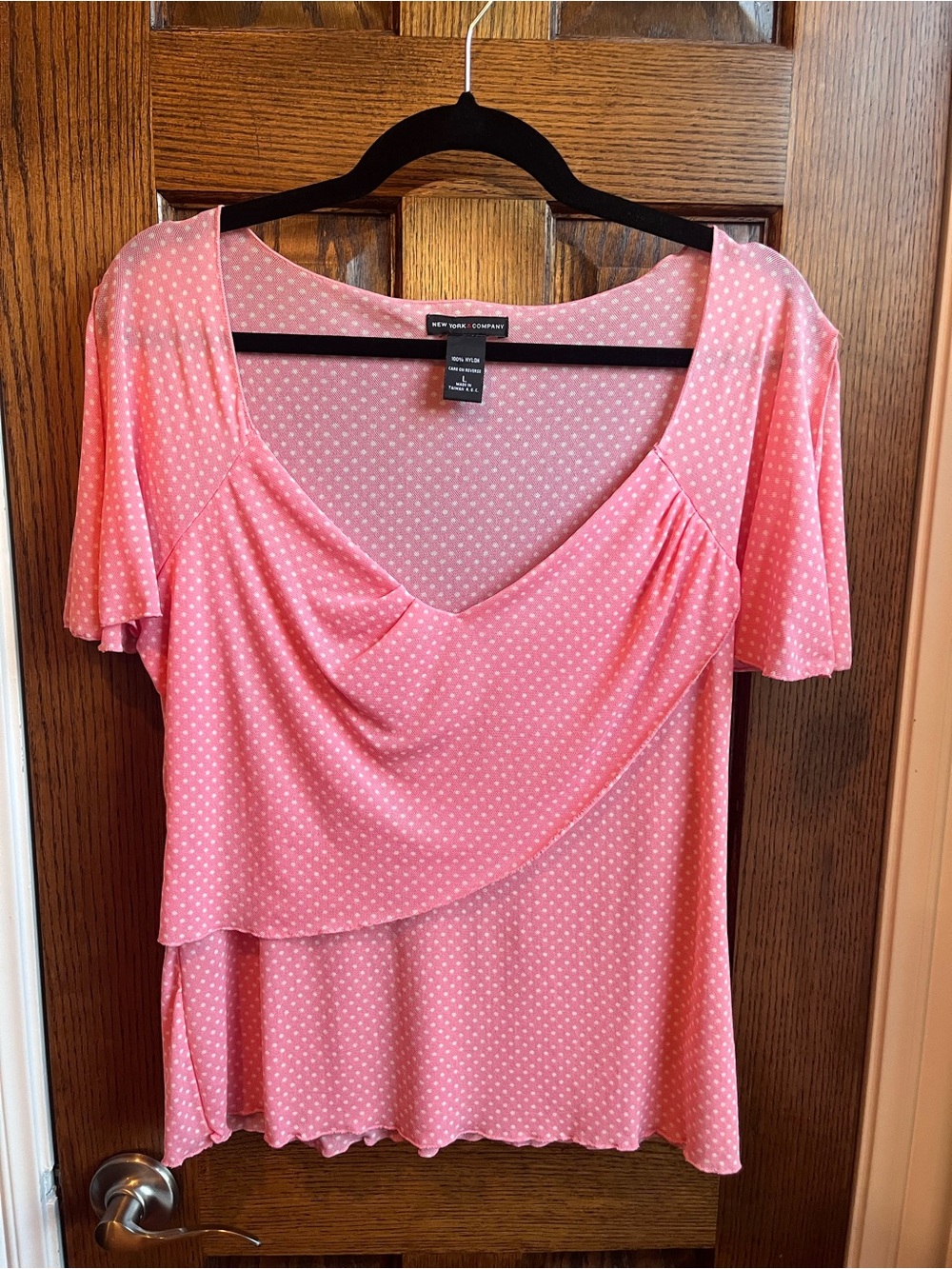 New York & Company Pink Polka Dot Draped Blouse